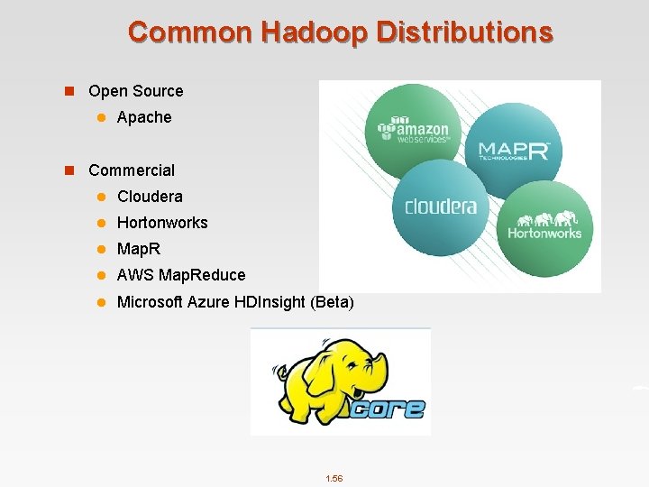 Common Hadoop Distributions n Open Source l Apache n Commercial l Cloudera l Hortonworks