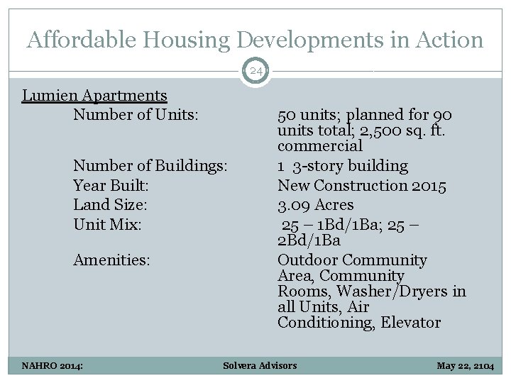 Affordable Housing Developments in Action 24 Lumien Apartments Number of Units: Number of Buildings: