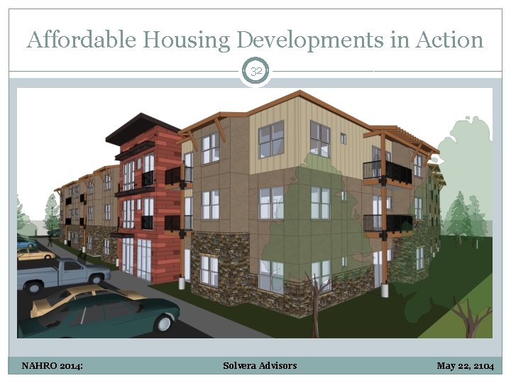 Affordable Housing Developments in Action 32 NAHRO 2014: Solvera Advisors May 22, 2104 