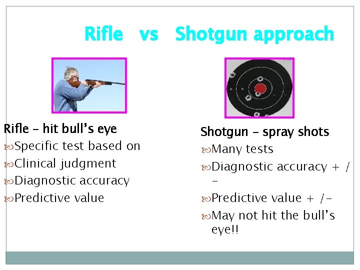 Rifle vs Shotgun approach Rifle – hit bull’s eye Specific test based on Clinical