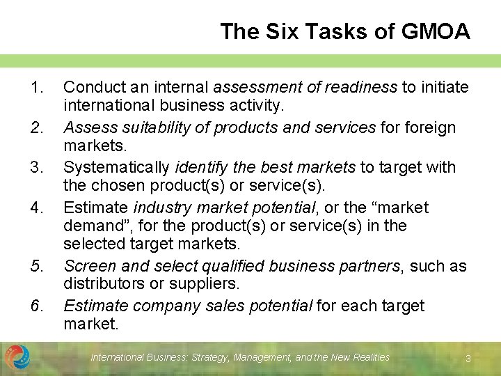 The Six Tasks of GMOA 1. 2. 3. 4. 5. 6. Conduct an internal