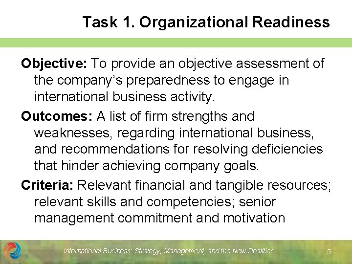 Task 1. Organizational Readiness Objective: To provide an objective assessment of the company’s preparedness