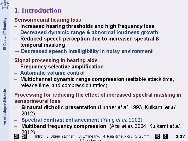 EE Dept. , IIT Bombay 1. Introduction Sensorineural hearing loss – Increased hearing thresholds