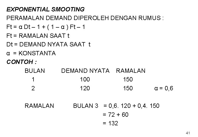 EXPONENTIAL SMOOTING PERAMALAN DEMAND DIPEROLEH DENGAN RUMUS : Ft = α Dt – 1