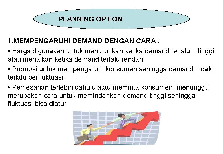 PLANNING OPTION 1. MEMPENGARUHI DEMAND DENGAN CARA : • Harga digunakan untuk menurunkan ketika