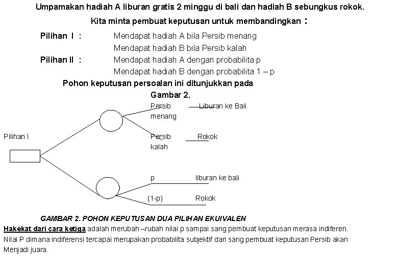 Umpamakan hadiah A liburan gratis 2 minggu di bali dan hadiah B sebungkus rokok.