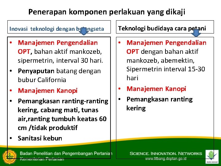 Penerapan komponen perlakuan yang dikaji Inovasi teknologi dengan bujangseta Teknologi budidaya cara petani •