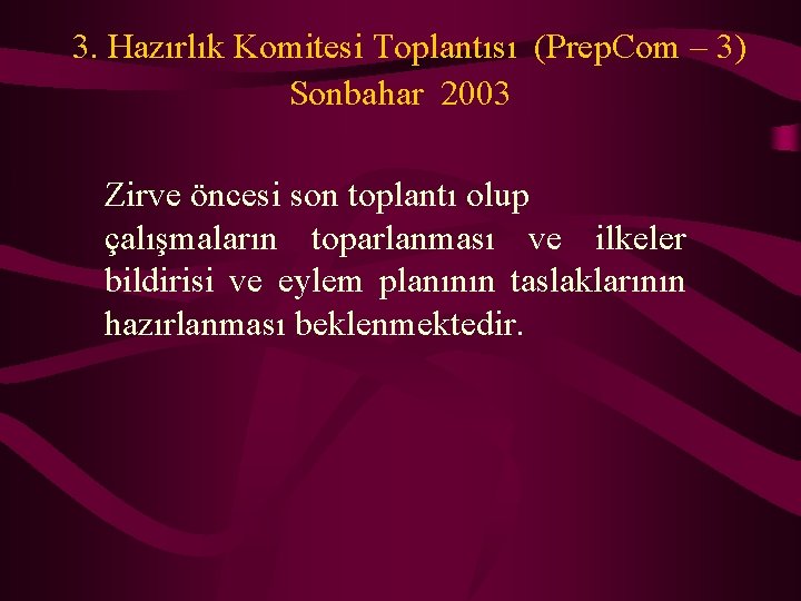  3. Hazırlık Komitesi Toplantısı (Prep. Com – 3) Sonbahar 2003 Zirve öncesi son