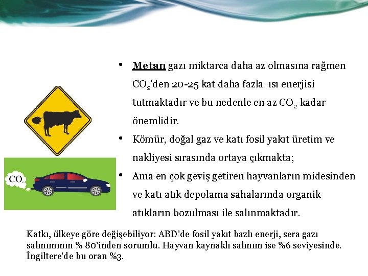  • Metan gazı miktarca daha az olmasına rağmen CO 2’den 20 -25 kat