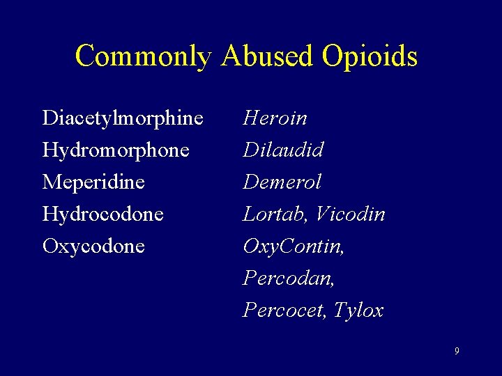 Commonly Abused Opioids Diacetylmorphine Hydromorphone Meperidine Hydrocodone Oxycodone Heroin Dilaudid Demerol Lortab, Vicodin Oxy.