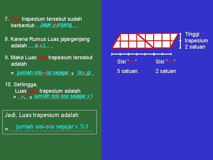 7. Dua trapesium tersebut sudah Jajar genjang berbentuk ………… ? Tinggi trapesium 2 satuan