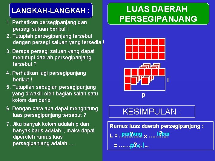 LANGKAH-LANGKAH : 1. Perhatikan persegipanjang dan persegi satuan berikut ! 2. Tutuplah persegipanjang tersebut