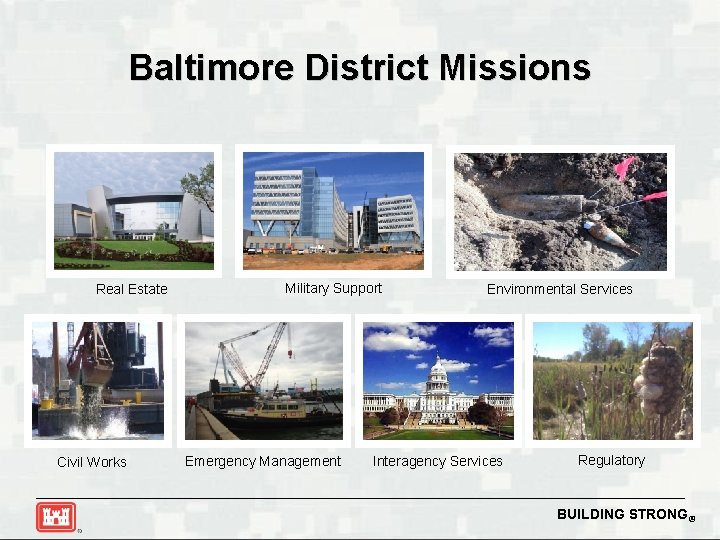 Baltimore District Missions Real Estate Civil Works Military Support Emergency Management Environmental Services Interagency