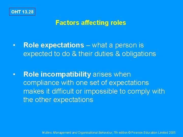 OHT 13. 28 Factors affecting roles • Role expectations – what a person is