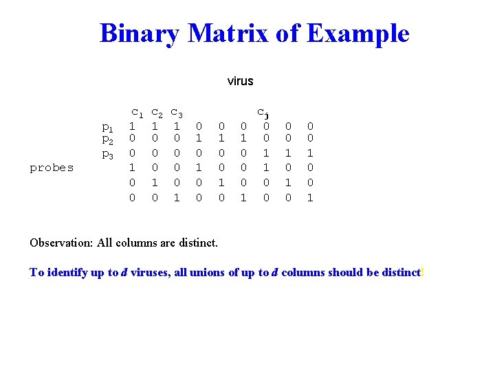 Binary Matrix of Example virus probes p 1 p 2 p 3 c 1