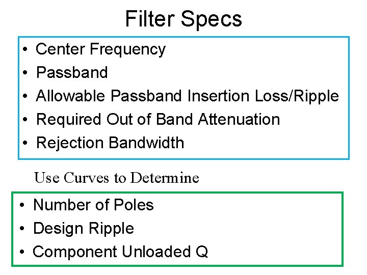 Filter Specs • • • Center Frequency Passband Allowable Passband Insertion Loss/Ripple Required Out