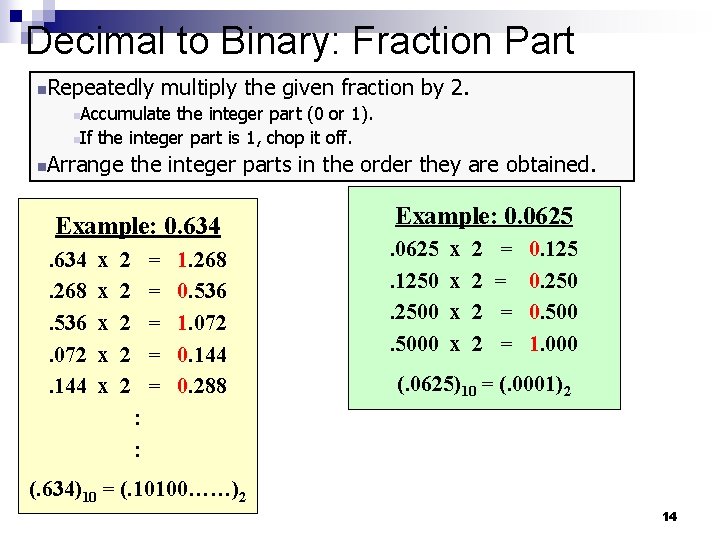 Decimal to Binary: Fraction Part Repeatedly multiply the given fraction by 2. n Accumulate