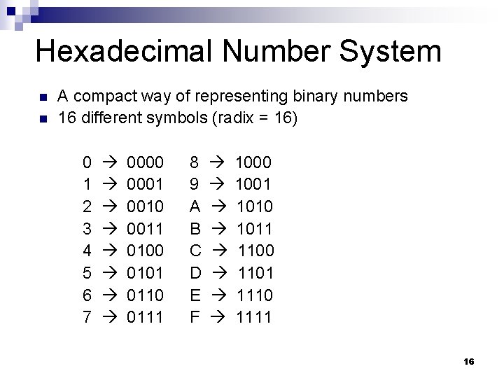 Hexadecimal Number System n n A compact way of representing binary numbers 16 different