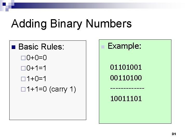Adding Binary Numbers n Basic Rules: n Example: ¨ 0+0=0 ¨ 0+1=1 ¨ 1+0=1