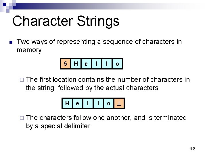 Character Strings n Two ways of representing a sequence of characters in memory 5