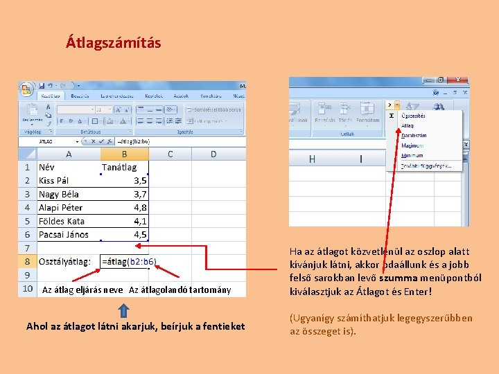 Átlagszámítás Az átlag eljárás neve Az átlagolandó tartomány Ahol az átlagot látni akarjuk, beírjuk