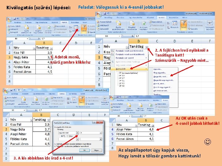 Kiválogatás (szűrés) lépései: Feladat: Válogassuk ki a 4 -esnél jobbakat! 1. Adatok menü, szűrő