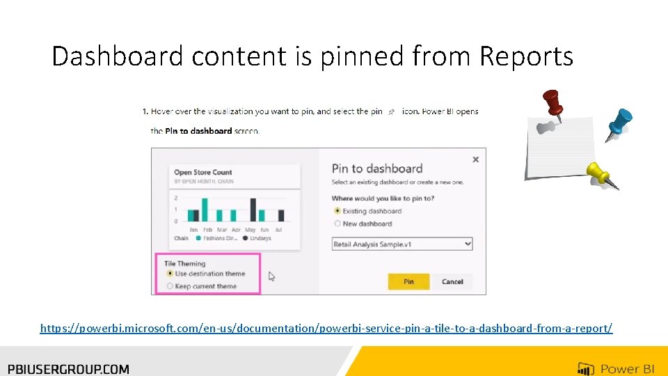 Dashboard content is pinned from Reports https: //powerbi. microsoft. com/en-us/documentation/powerbi-service-pin-a-tile-to-a-dashboard-from-a-report/ 