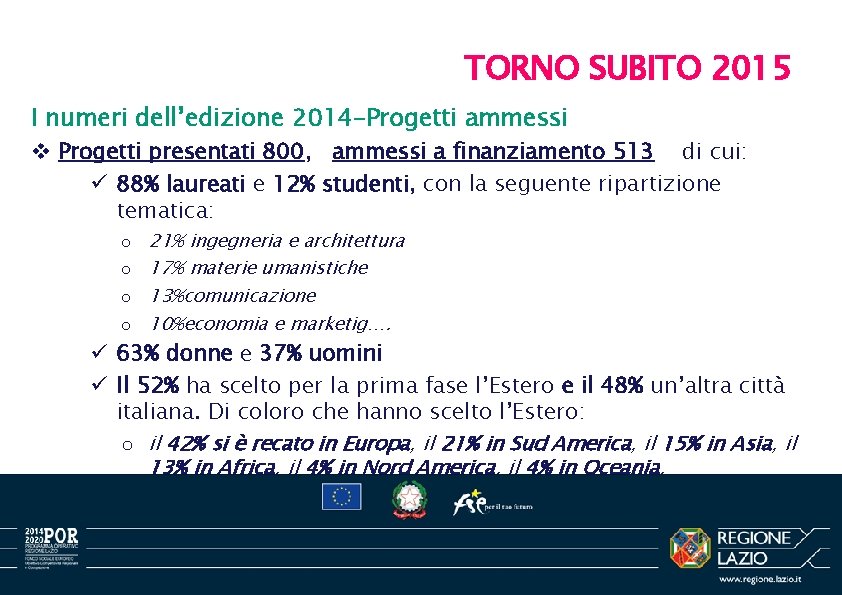 TORNO SUBITO 2015 I numeri dell’edizione 2014 -Progetti ammessi v Progetti presentati 800, ammessi