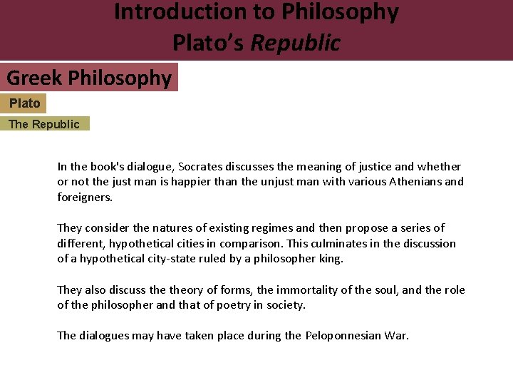 Introduction to Philosophy Plato’s Republic Greek Philosophy Plato The Republic In the book's dialogue,