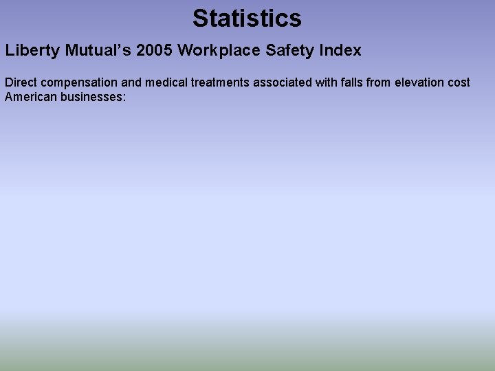 Statistics Liberty Mutual’s 2005 Workplace Safety Index Direct compensation and medical treatments associated with