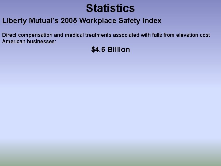 Statistics Liberty Mutual’s 2005 Workplace Safety Index Direct compensation and medical treatments associated with