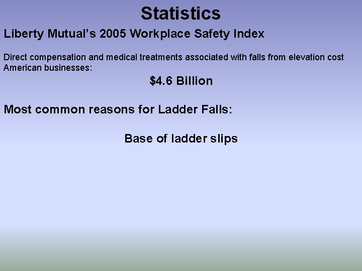 Statistics Liberty Mutual’s 2005 Workplace Safety Index Direct compensation and medical treatments associated with