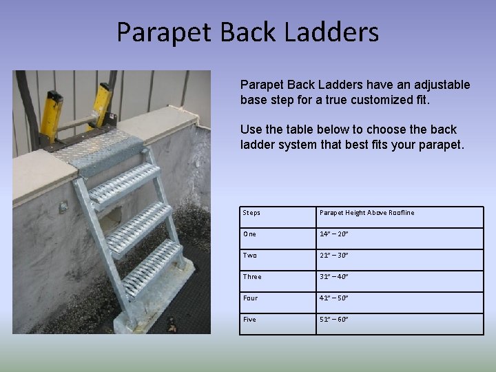 Parapet Back Ladders have an adjustable base step for a true customized fit. Use