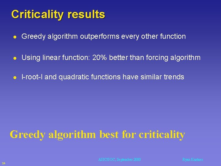 Criticality results l Greedy algorithm outperforms every other function l Using linear function: 20%