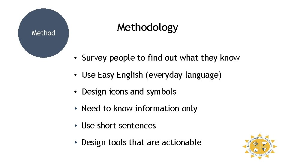 Methodology • Survey people to find out what they know • Use Easy English