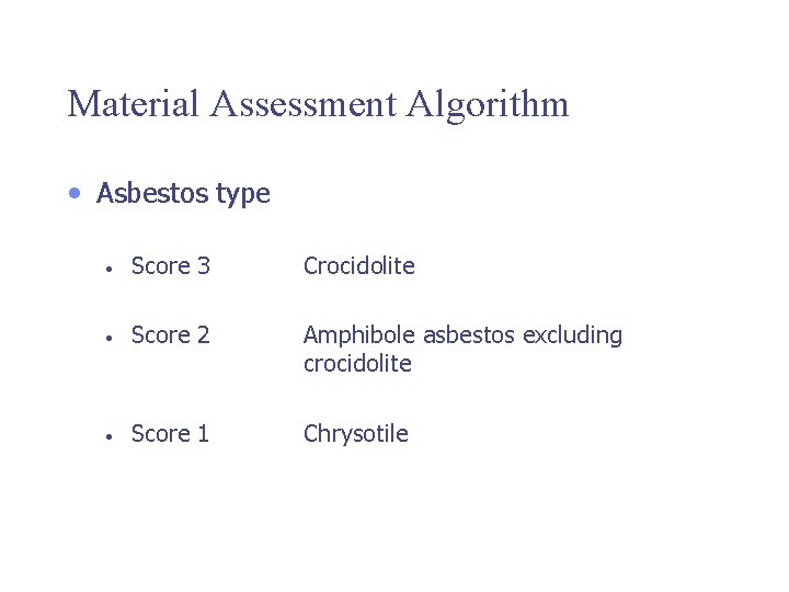 Material Assessment Algorithm • Asbestos type • Score 3 Crocidolite • Score 2 Amphibole