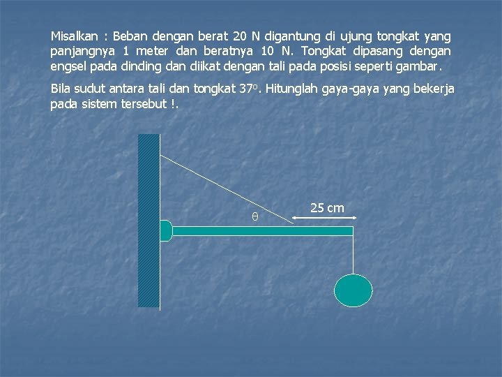 Misalkan : Beban dengan berat 20 N digantung di ujung tongkat yang panjangnya 1