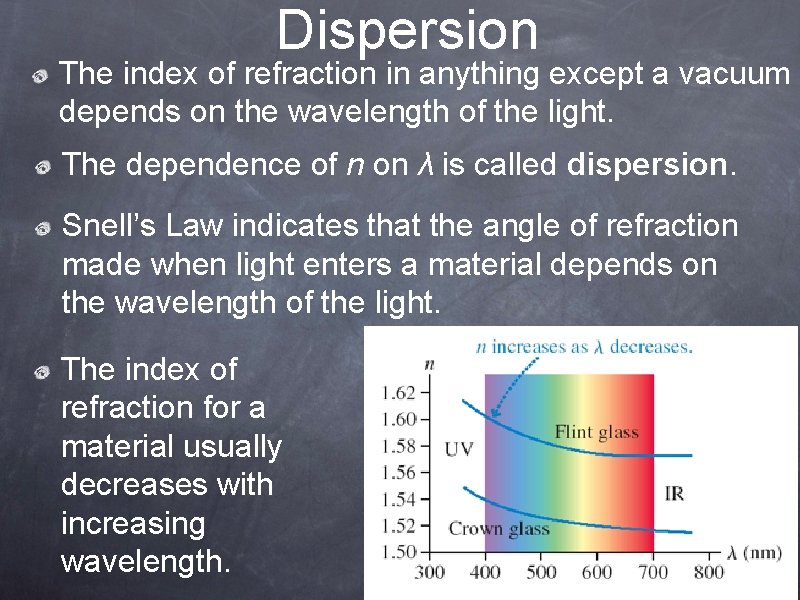 Dispersion The index of refraction in anything except a vacuum depends on the wavelength