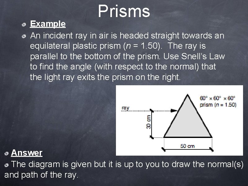 Prisms Example An incident ray in air is headed straight towards an equilateral plastic