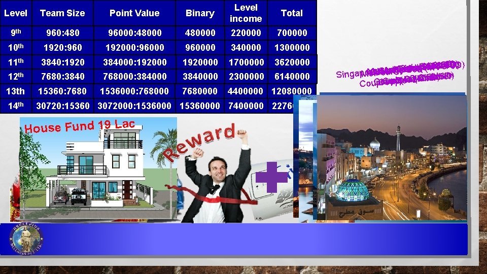 Level Team Size Point Value Binary Level income Total 9 th 960: 480 96000: