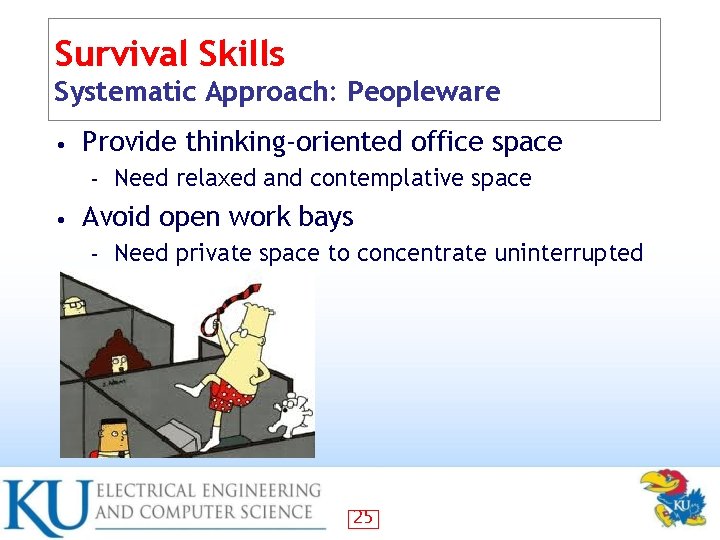 Survival Skills Systematic Approach: Peopleware • Provide thinking-oriented office space – • Need relaxed