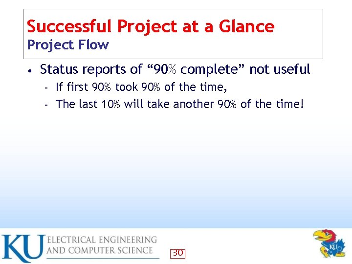 Successful Project at a Glance Project Flow • Status reports of “ 90% complete”