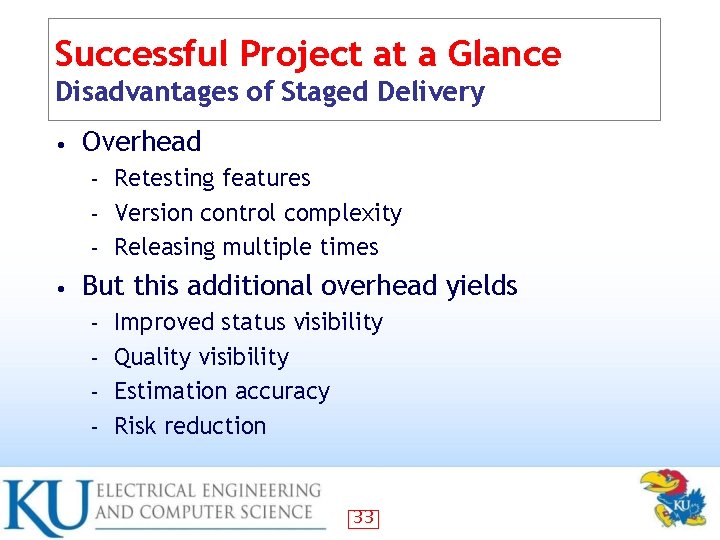 Successful Project at a Glance Disadvantages of Staged Delivery • Overhead Retesting features –