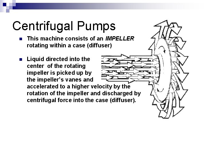 Centrifugal Pumps n This machine consists of an IMPELLER rotating within a case (diffuser)