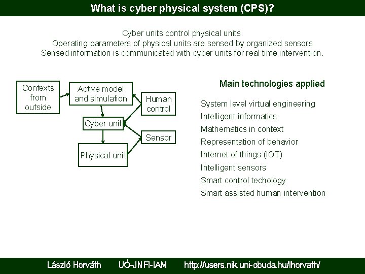 What is cyber physical system (CPS)? Cyber units control physical units. Operating parameters of