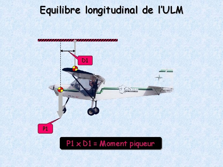 Equilibre longitudinal de l’ULM D 1 P 1 x D 1 = Moment piqueur