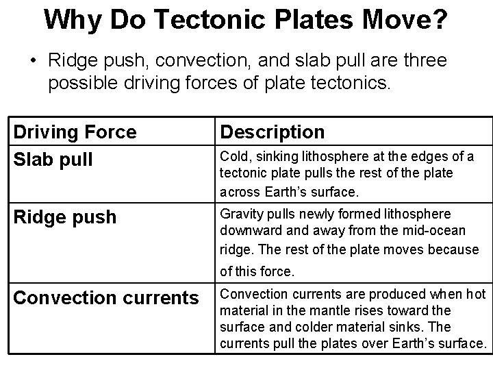 Why Do Tectonic Plates Move? • Ridge push, convection, and slab pull are three