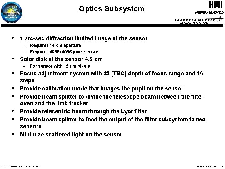 Optics Subsystem HMI Stanford University Advanced Technology Center • 1 arc-sec diffraction limited image
