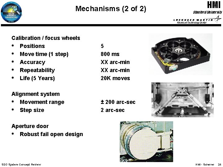 Mechanisms (2 of 2) HMI Stanford University Advanced Technology Center Calibration / focus wheels