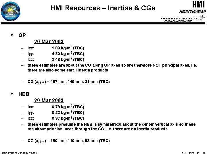 HMI Resources – Inertias & CGs HMI Stanford University Advanced Technology Center • OP